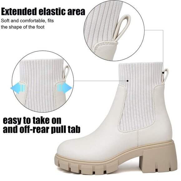 Women's Chelsea Platform Off White Ankle Boots Stylish Comfortable Slip On Shoes - Picture 4 of 7